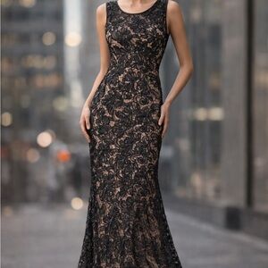 Aspeed Black Lace Maxi Evening Gown